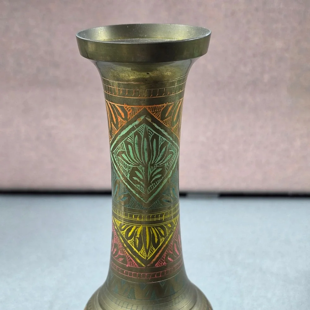 Colored Etched Brass Bud Vase Excellent Enamel‎ Detail